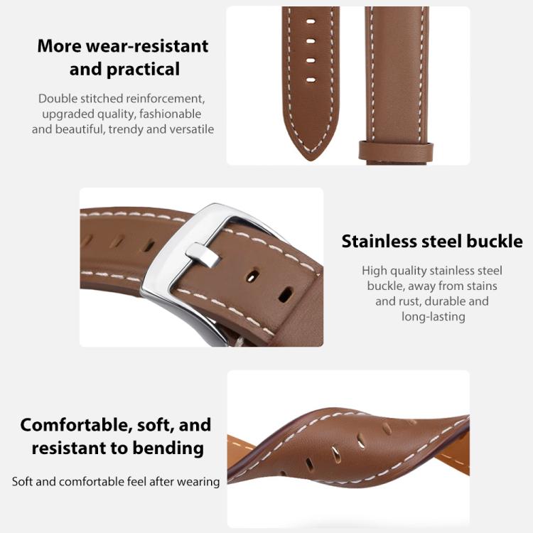 Brown leather watch band details showing stitched edges, a steel buckle, adjustment holes, and flexibility.