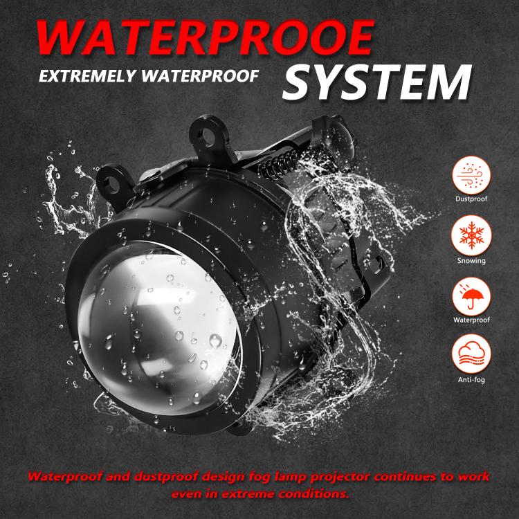 Waterproof black dual-lens fog light projector with sealed lens and water spray
