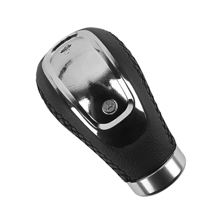 Black leather gear shift knob with chrome top and side profile
