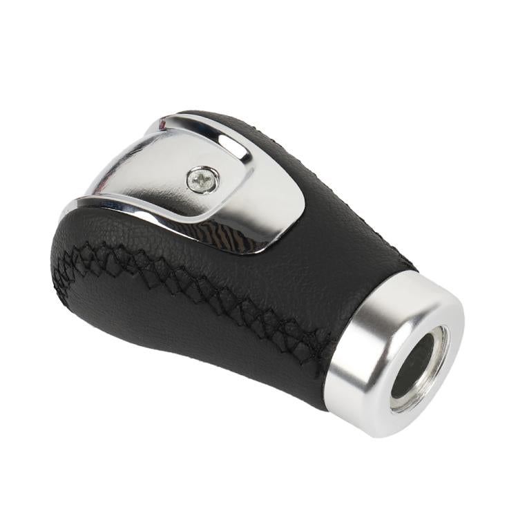 Black leather gear shift knob with chrome base and circular mounting hole