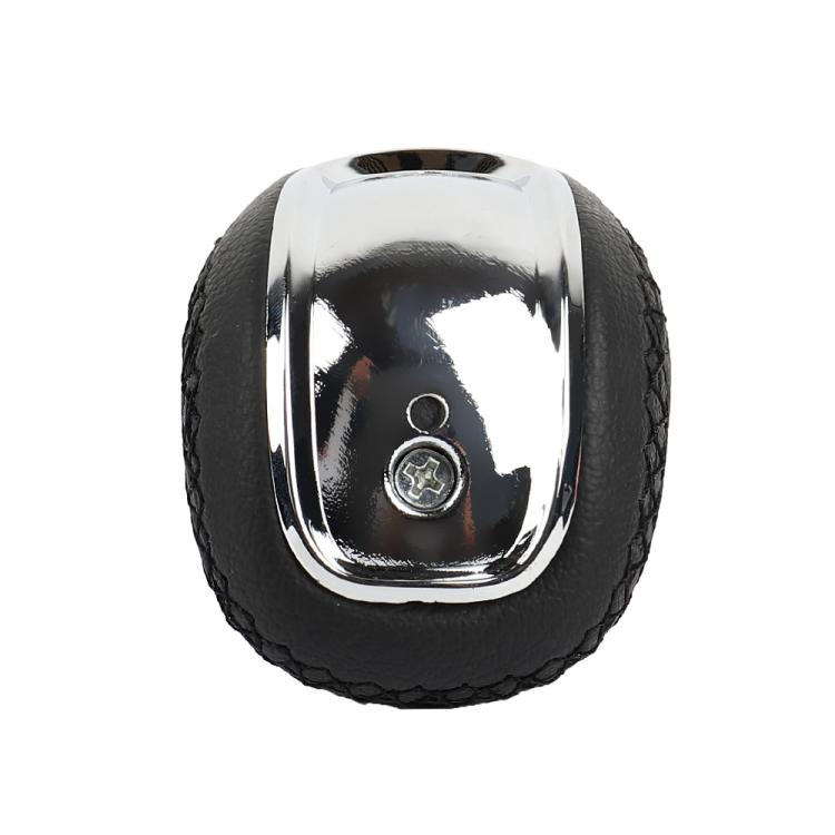 Black leather gear shift knob with chrome top and center emblem screw