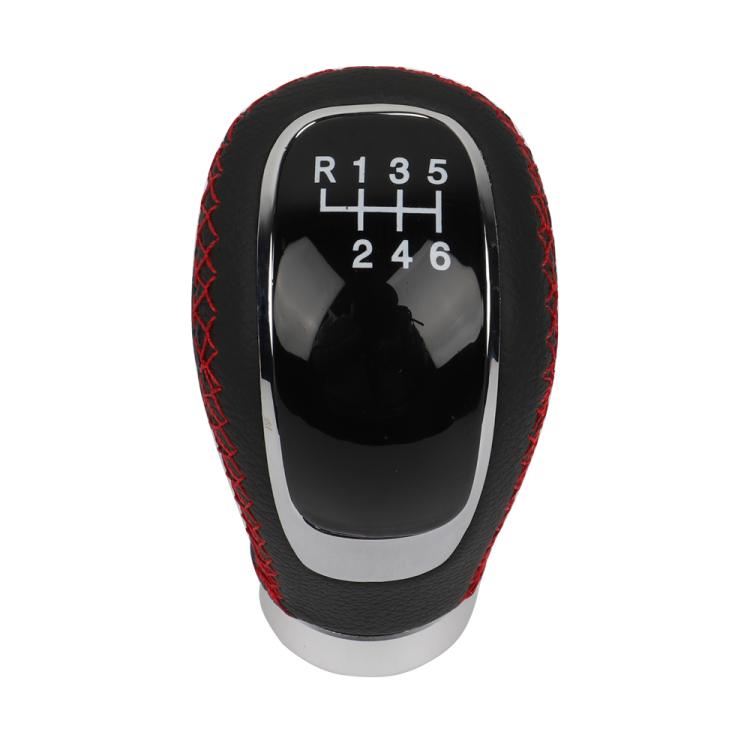Black leather gear shift knob with chrome top and red stitched shift markings