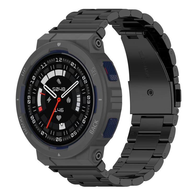 Black linked titanium alloy watch band on a rugged smartwatch