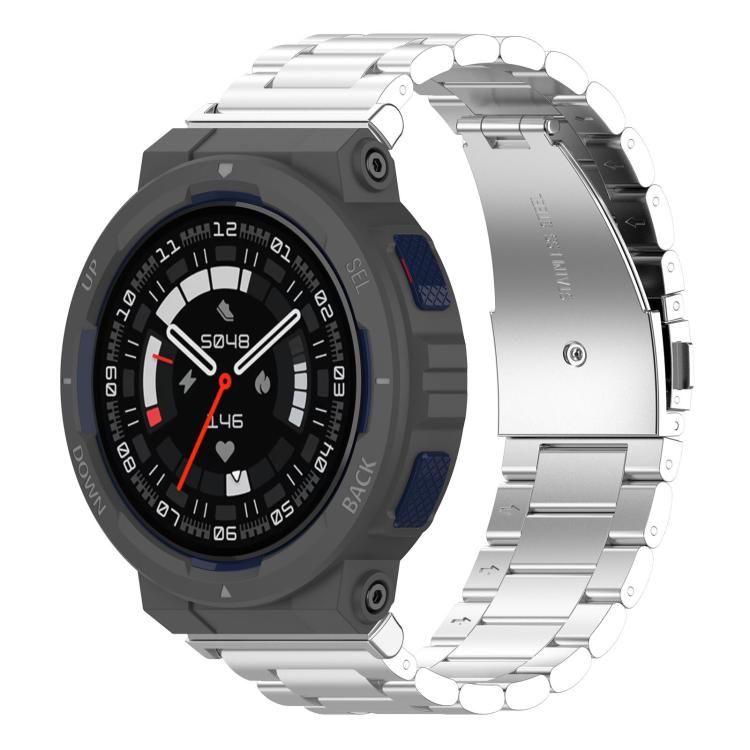 Silver titanium alloy watch band with flat links and folding buckle on a rugged smartwatch