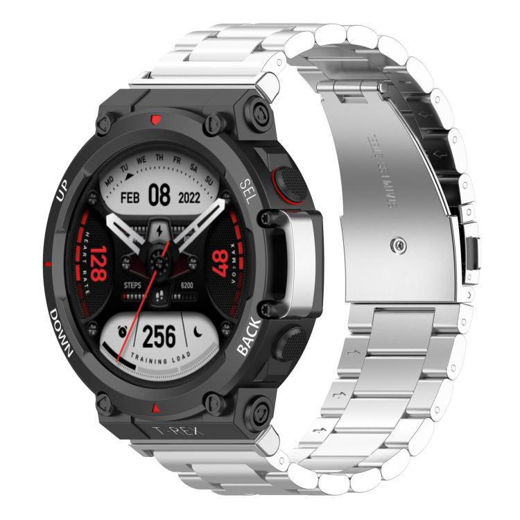 Silver titanium alloy band with flat links and folding clasp on a rugged smartwatch