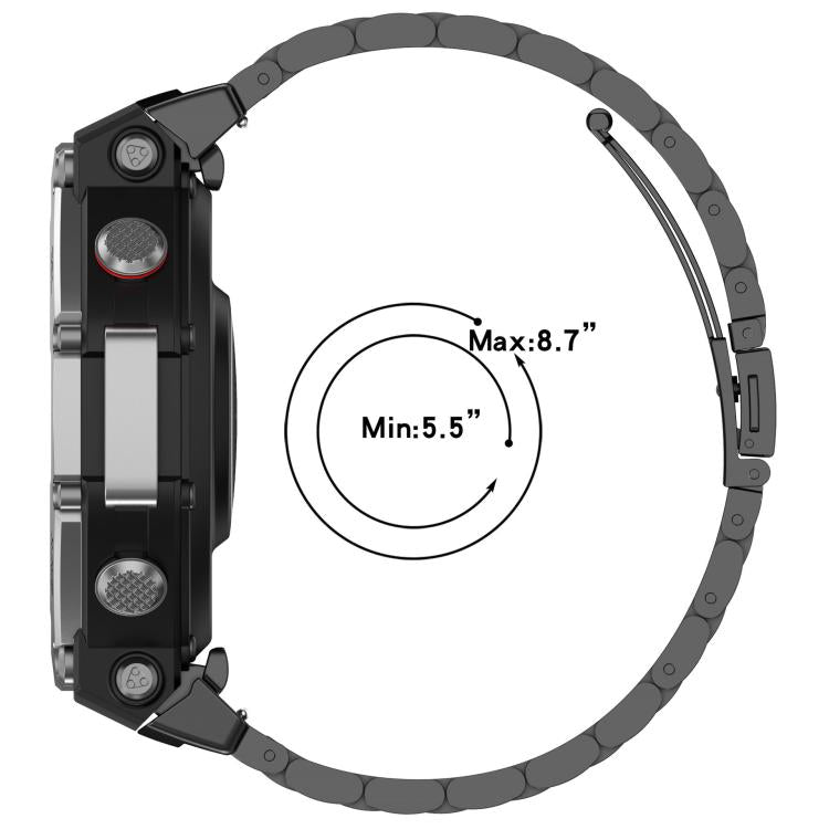 Black linked watch band shown with a 5.5 to 8.7 inch fit range