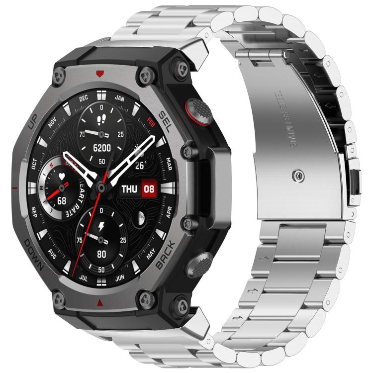 Silver titanium alloy watch band with flat clasp on a rugged smartwatch