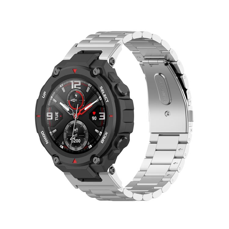 Silver titanium alloy watch band with flat links and folding buckle