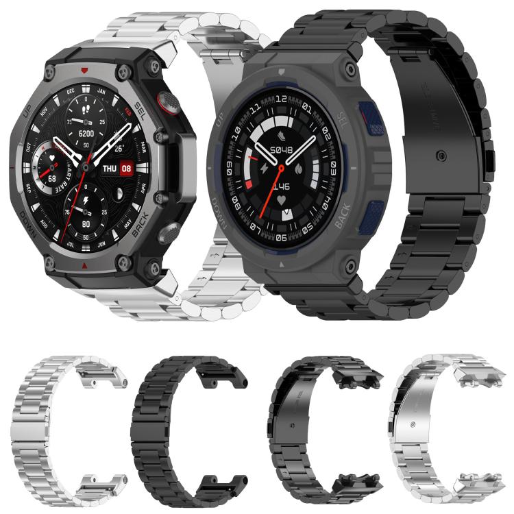 Silver and black titanium alloy watch bands with flat links, shown on watches and separately