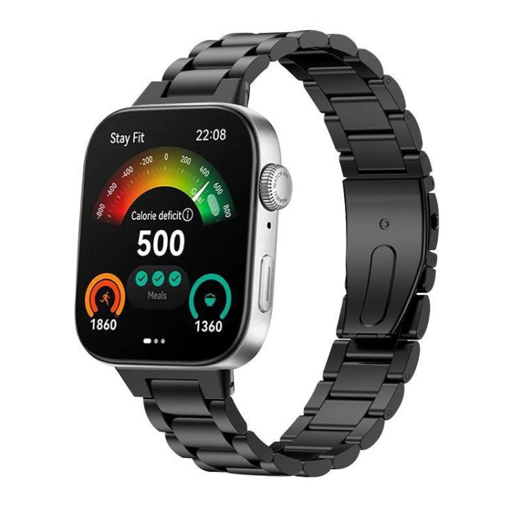 Black linked titanium alloy watch band with flat folding buckle, shown on a smartwatch