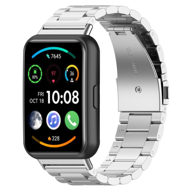 Silver linked titanium alloy watch band with smartwatch and wide folding clasp