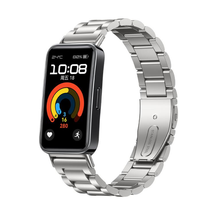 Silver linked titanium alloy watch band with rectangular smartwatch and folding buckle