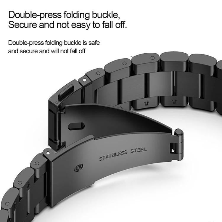 Black linked watch band with double-press folding buckle shown open