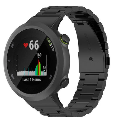 Black titanium alloy watch band fitted to a round sports watch