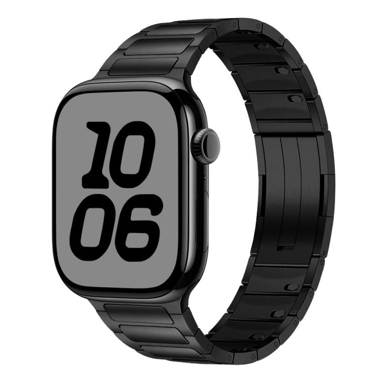 Black stainless steel Apple Watch band with a linked tri-bead design.