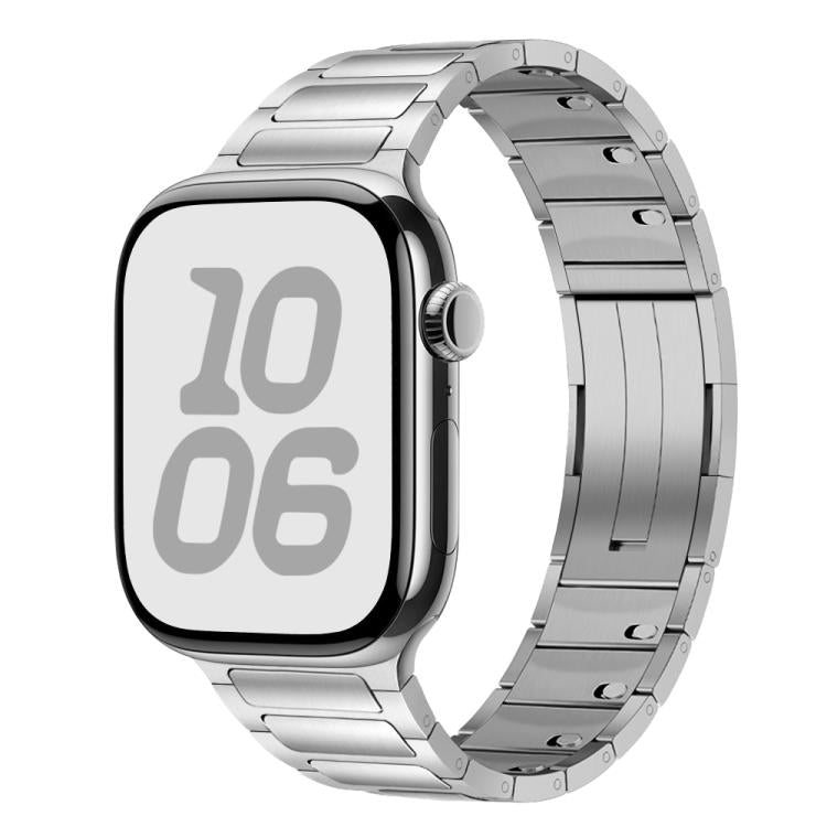 Silver stainless steel Apple Watch band with a linked tri-bead design.