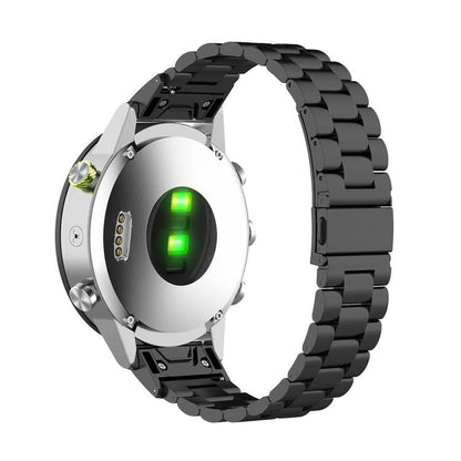 Black titanium alloy watch band fitted to a round smartwatch, with linked bracelet and flat clasp.