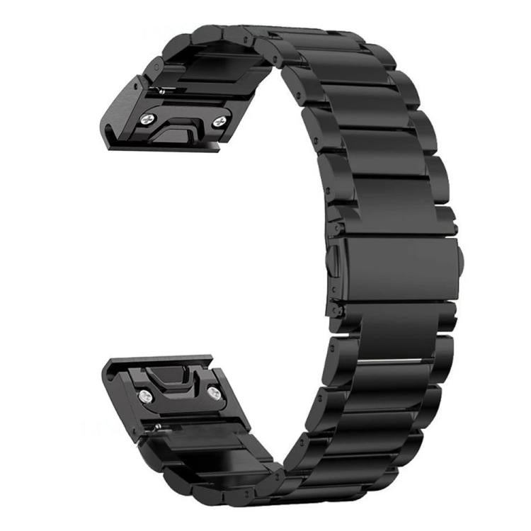 Black titanium alloy watch band with linked bracelet and flat clasp, shown without a watch.