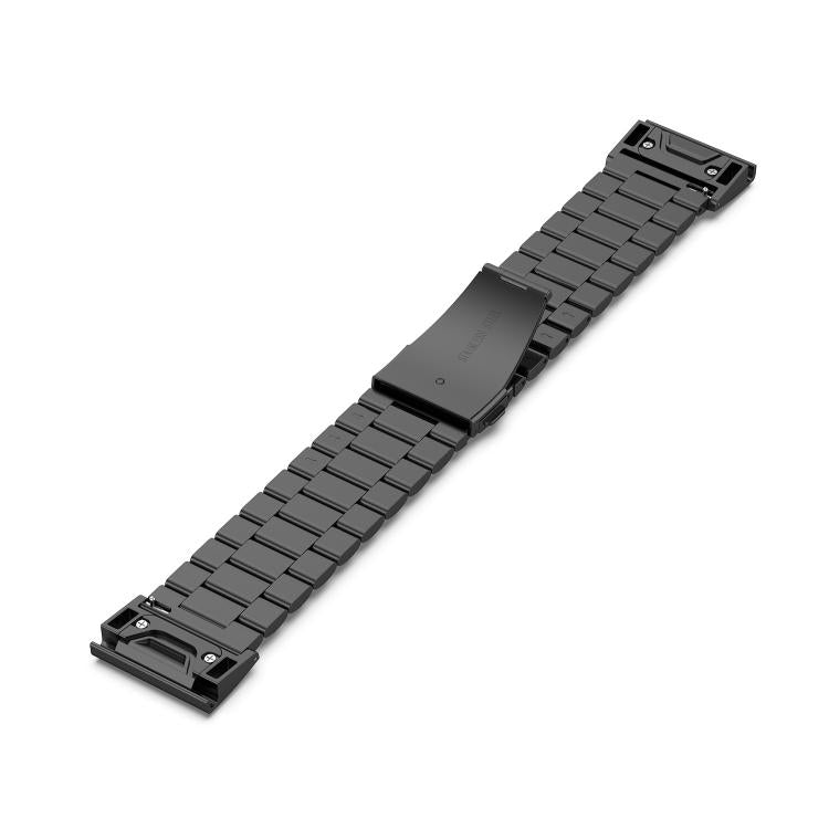 Black titanium alloy watch band laid flat, showing linked sections and connector ends.