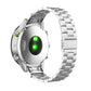 Silver titanium alloy watch band fitted to a round smartwatch, with linked bracelet and flat clasp.