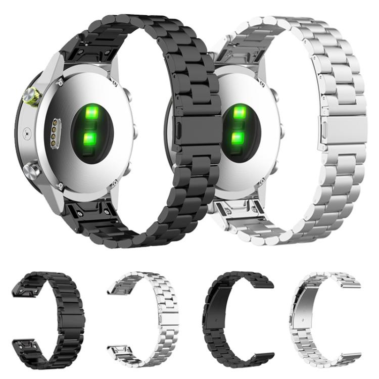 Black and silver titanium alloy watch bands shown fitted to smartwatches and separately.