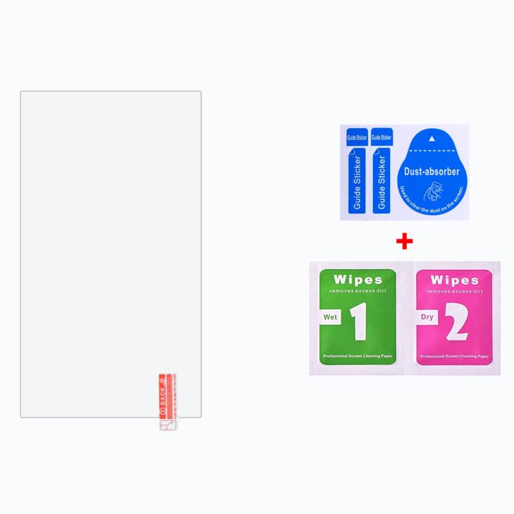 Tempered glass screen protector with cleaning wipes and dust-absorber stickers