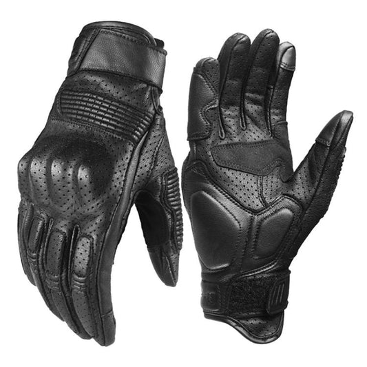 Retro motorcycle leather touch screen full-finger gloves, perforated black style