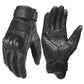 Smooth black full-finger leather motorcycle gloves, stitched palm protection