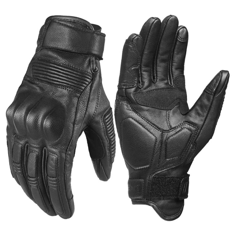 Smooth black full-finger leather motorcycle gloves, stitched palm protection