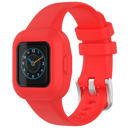 Red silicone watch band with protective case and silver buckle, shown with watch display
