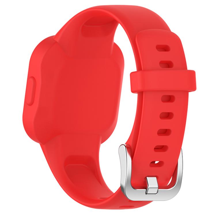 Red silicone watch band shown from the back, with adjustment holes and silver buckle