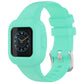 Teal silicone watch band with protective case and silver buckle, shown with watch display