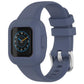 Blue-gray silicone watch band with protective case and silver buckle, shown with watch display