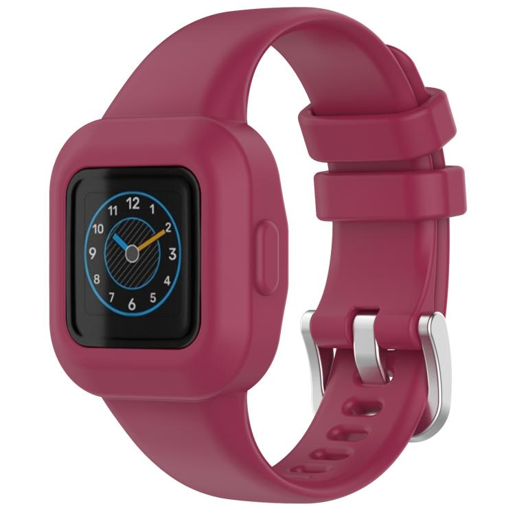 Wine red silicone watch band with protective case and silver buckle, shown with watch display