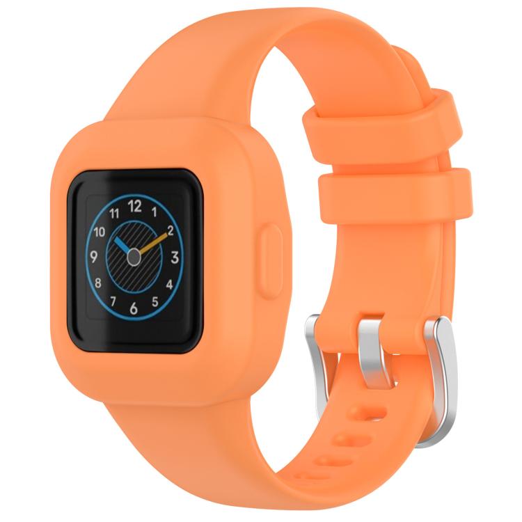 Orange silicone watch band with protective case and silver buckle, shown with watch display