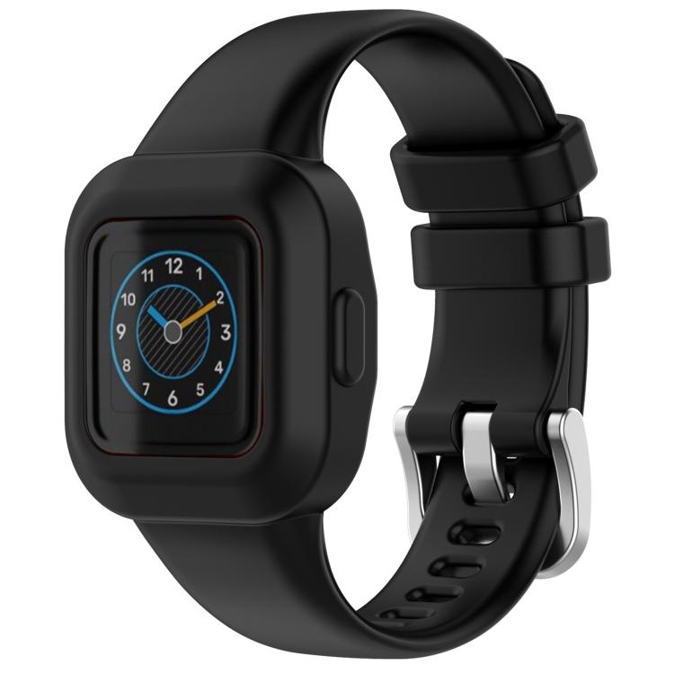 Black silicone watch band with protective case and silver buckle, shown with watch display