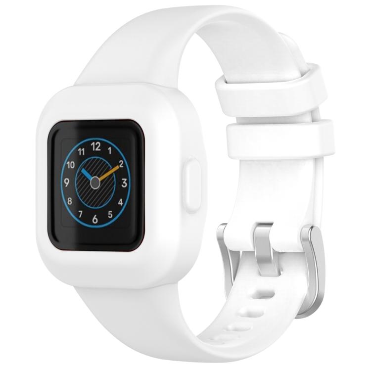 White silicone watch band with protective case and silver buckle, shown with watch display