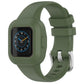 Olive green silicone watch band with a silver buckle and rounded watch case