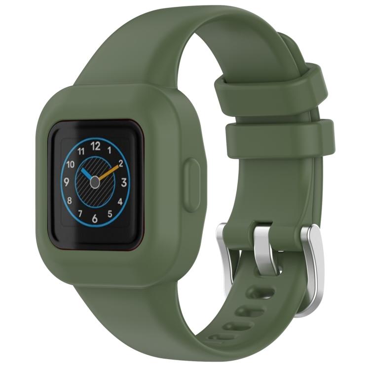 Olive green silicone watch band with a silver buckle and rounded watch case