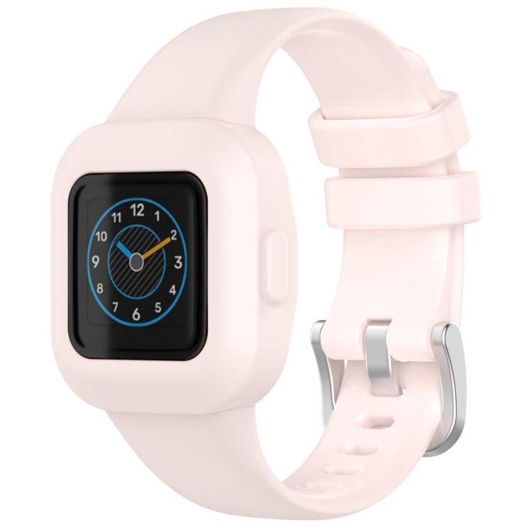 Pale pink silicone watch band with silver buckle and rounded watch case