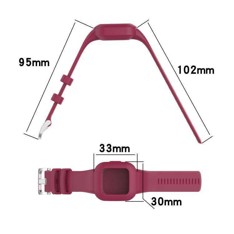 Wine red silicone watch band with measurements for strap length and case width