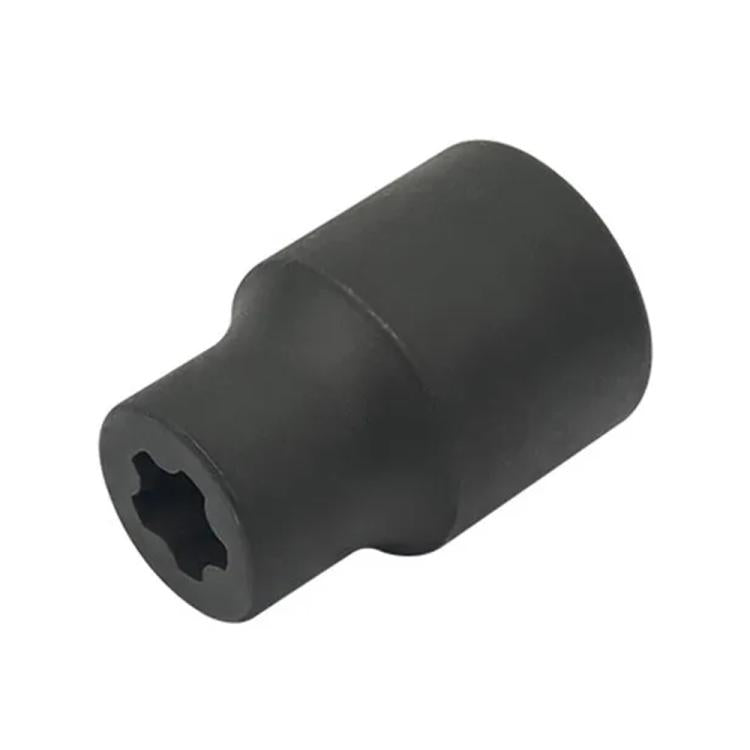 Black cylindrical socket tool with square drive opening for removing battery screws