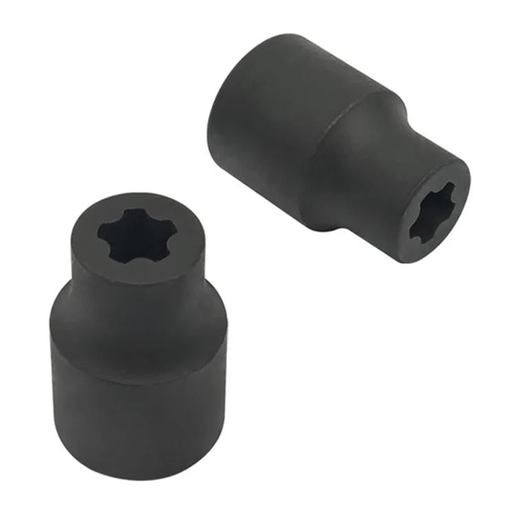 Black socket tool with star-shaped drive recess and side profile