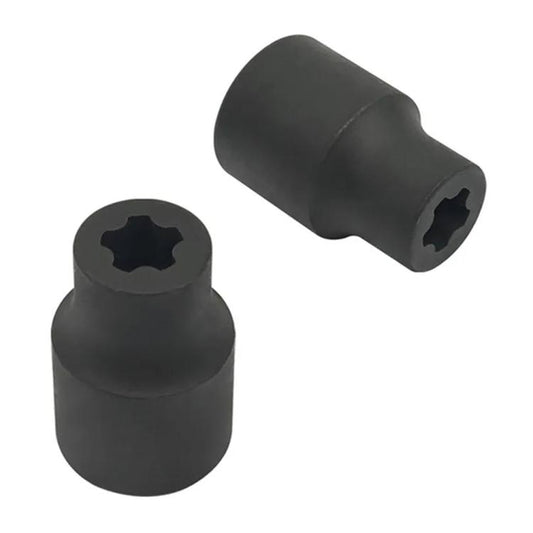 Black socket tool with star-shaped drive recess and side profile