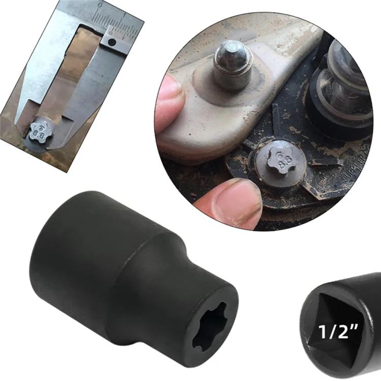 Black 1/2-inch drive socket tool for battery cover screw removal, star recess