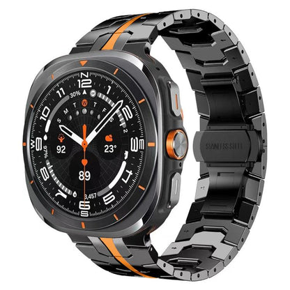 Black titanium alloy watch band with orange accents and butterfly clasp