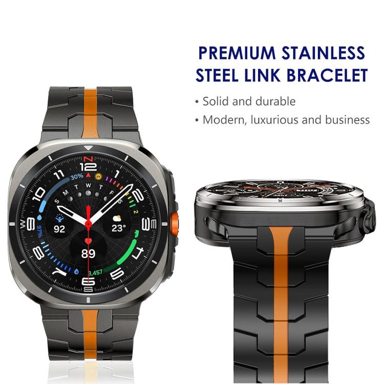 Black link watch band with orange center stripe, shown on a watch and in profile