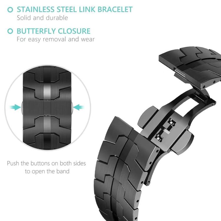 Black link watch band with an open butterfly clasp and side release buttons
