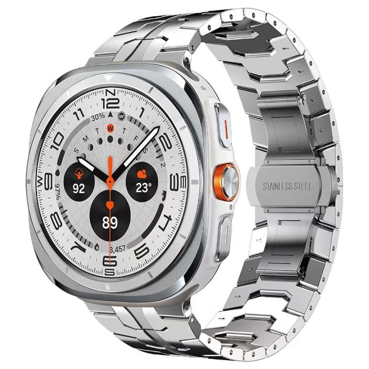 Silver link watch band shown with a watch featuring a light dial