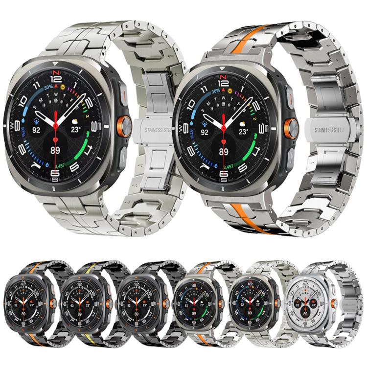 Titanium alloy link watch bands in black, silver, and orange-accented styles